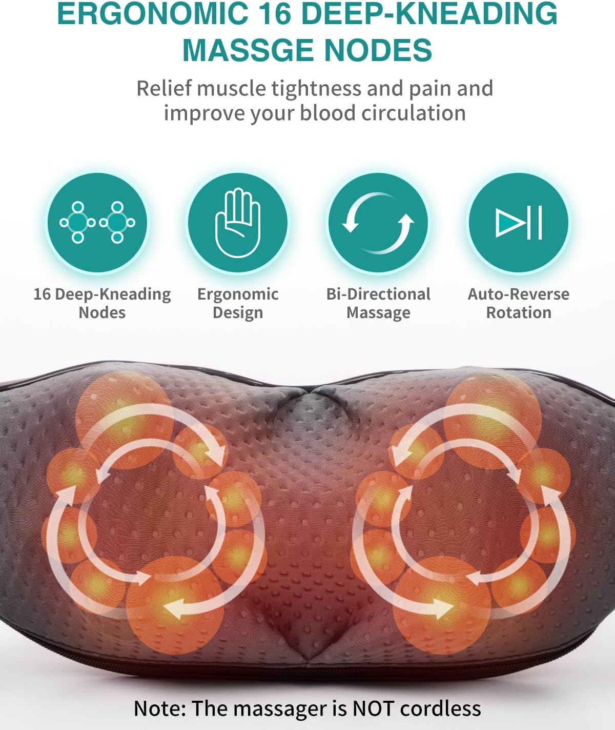 Nekteck Shiatsu Neck Massager with Heat for Pain Relief Deep Tissue, 2026 Upgraded 3D Back Shoulder Kneading Massage Pillow, Body Muscle Relaxation Tools Gifts for Him Her, Black (Cordless)