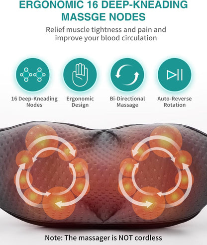 Nekteck Shiatsu Neck Massager with Heat for Pain Relief Deep Tissue, 2026 Upgraded 3D Back Shoulder Kneading Massage Pillow, Body Muscle Relaxation Tools Gifts for Him Her, Black (Cordless)