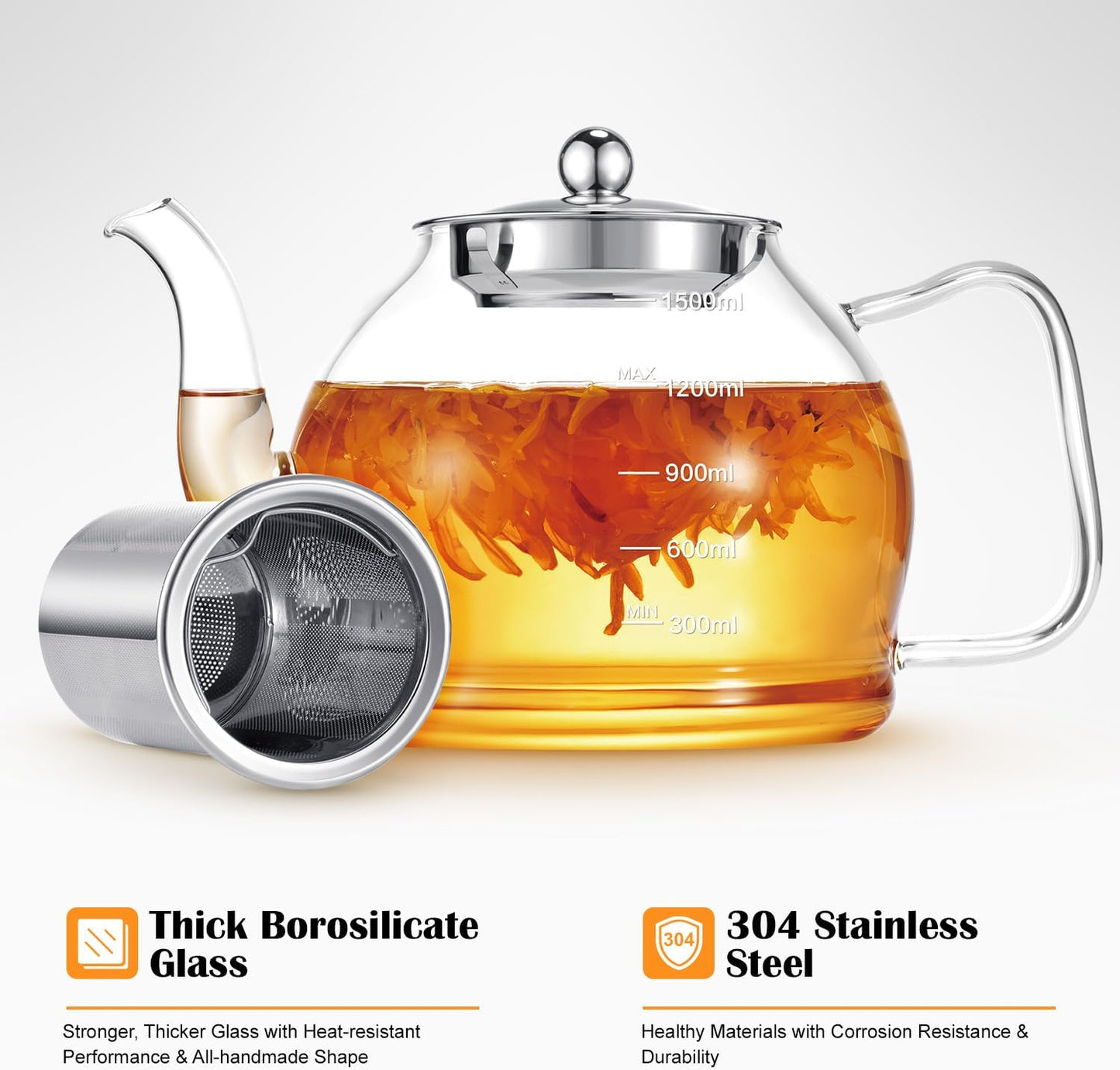 STNTUS Glass Teapot, 40 oz. / 1200 ml for Loose Tea, With Infuser and Stainless Steel Strainer, Stovetop Safe, 4-6 Cups