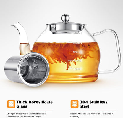STNTUS Glass Teapot, 40 oz. / 1200 ml for Loose Tea, With Infuser and Stainless Steel Strainer, Stovetop Safe, 4-6 Cups