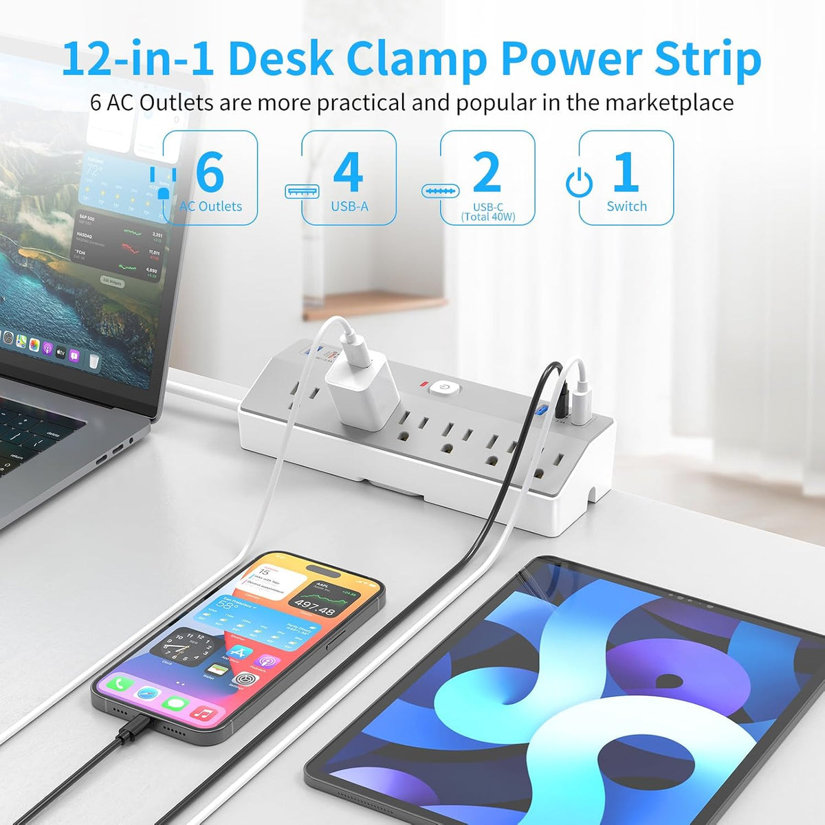 Desk Clamp Power Strip 10FT, 40W Total Fast Charging Station, Black
