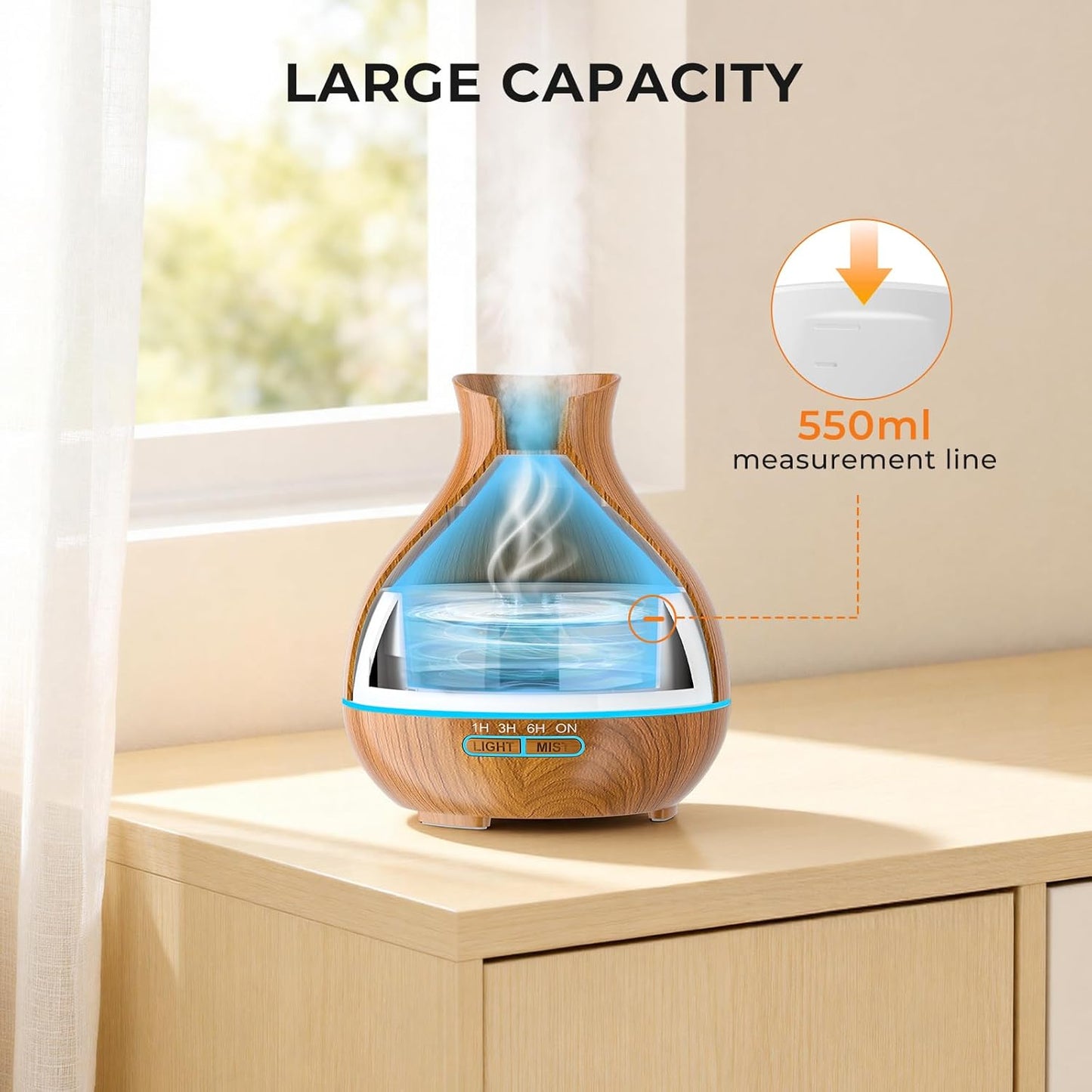 Aromatherapy Essential Oil Diffuser, 550ml Ultrasonic Fragrant Oil Large Room Humidifier, Diffusers for Home with Timer and Waterless Auto-Off, 7 Color LED Lights,Cool Mist Humidifiers