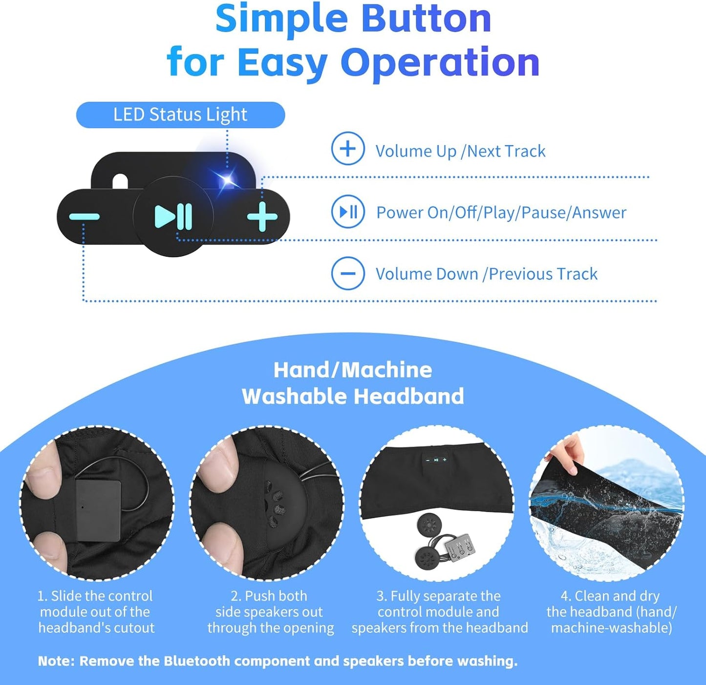 Sleep Headphones Bluetooth 6.0 Headband, 3-IN-1 Sleeping Headband Headphones for Side Sleepers with 20H PlayTime, HD Stereo, Removable and Washable Wireless Headband for Sleeping Sport (Black)