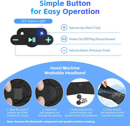 Sleep Headphones Bluetooth 6.0 Headband, 3-IN-1 Sleeping Headband Headphones for Side Sleepers with 20H PlayTime, HD Stereo, Removable and Washable Wireless Headband for Sleeping Sport (Black)