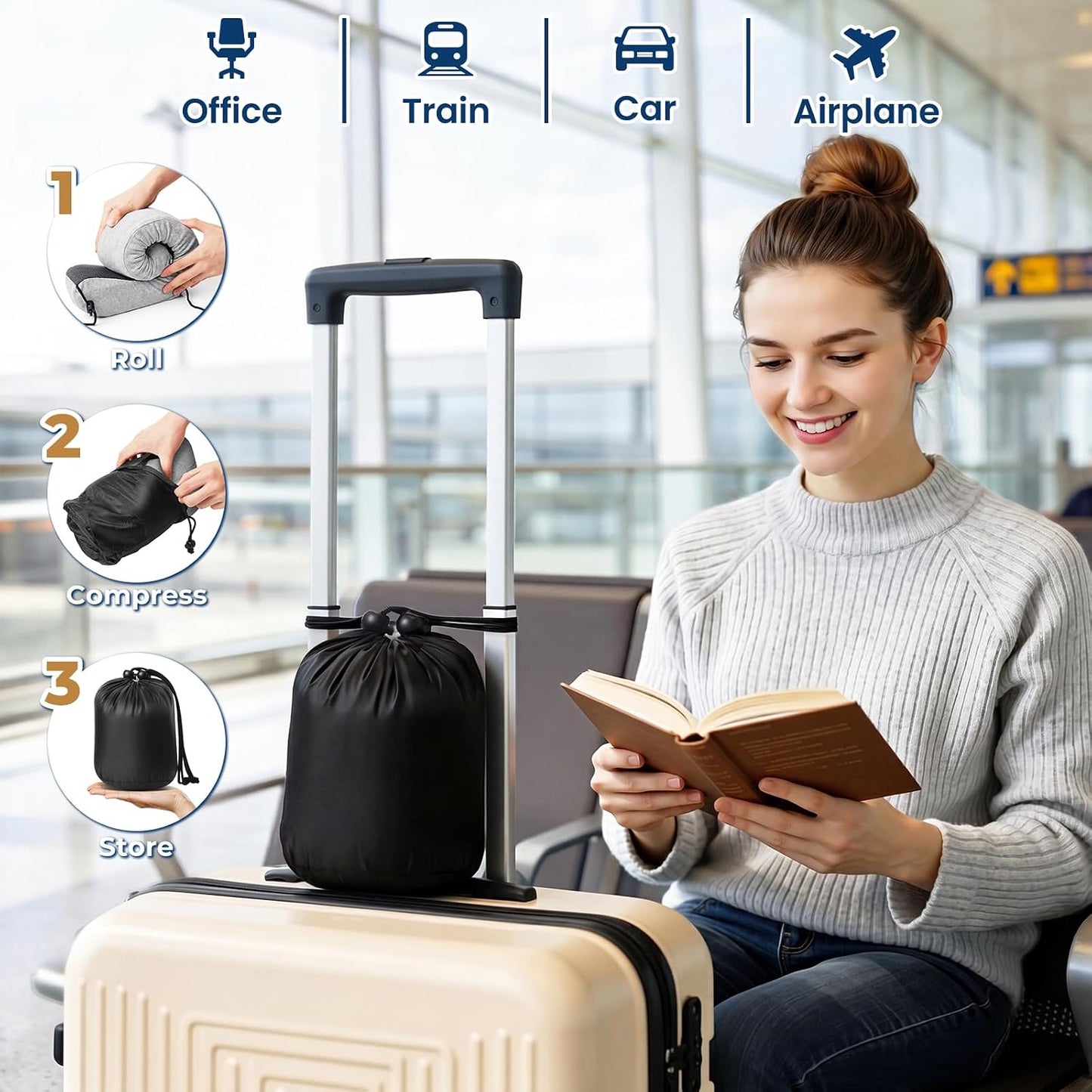 ExploreBliss Travel Pillow, Travel Pillows for Sleeping Airplane, Neck Pillow Airplane, Memory Foam Neck Pillow Set with Eye Mask, Earplugs and Storage Bag -Grey