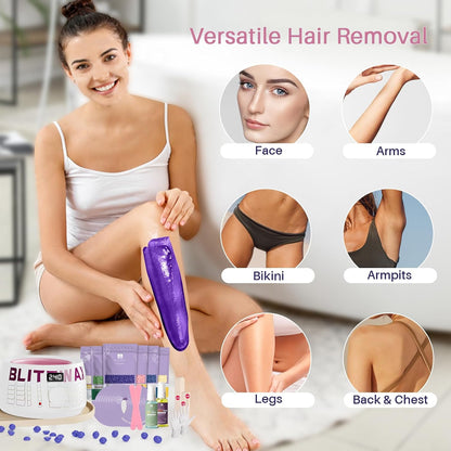 BLITZWAX Brazilian and Bikini Waxing Kit for Women, Hard Wax Warmer for Face, Legs and Body, At Home Hair Removal Kit, Beginner Friendly, Digital Fast Heating, 51 Wax Items