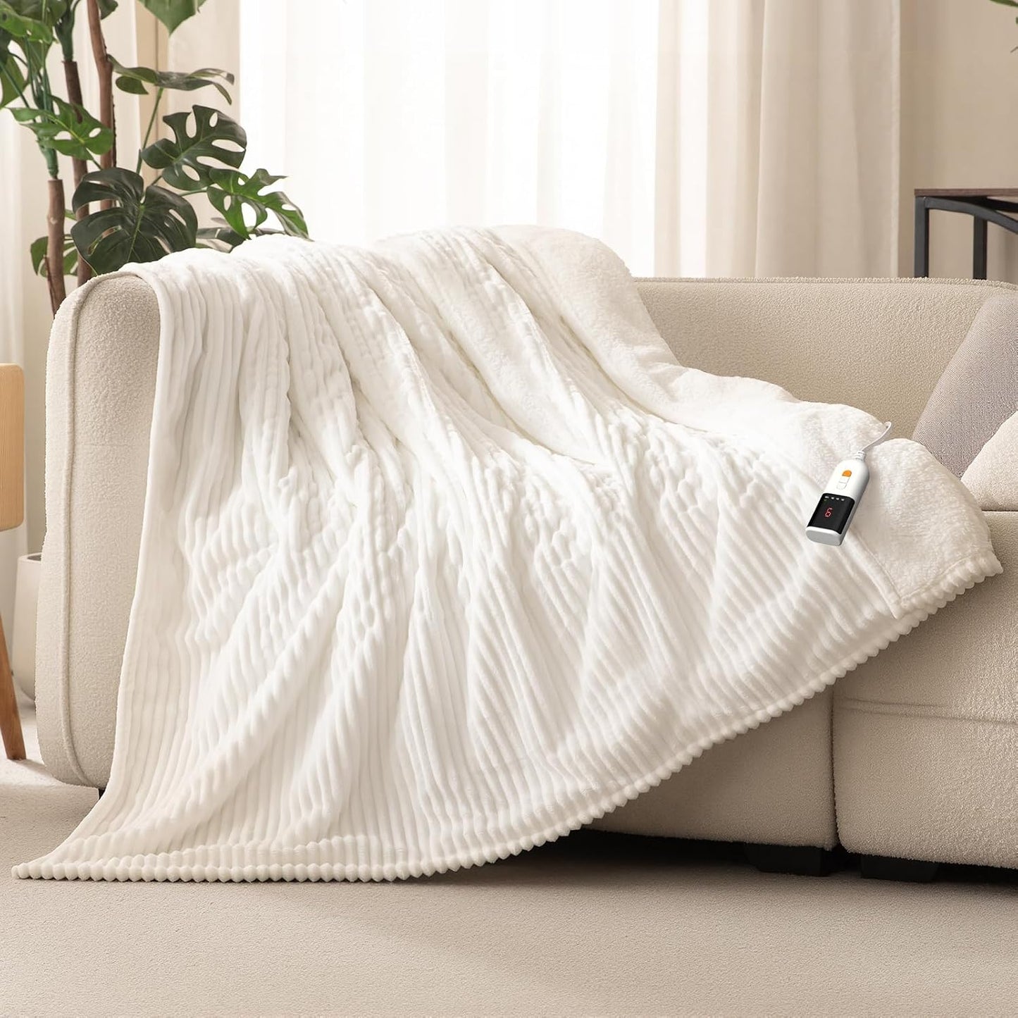 Reaks Electric Heated Throw Blanket, Silky Soft Flannel & Sherpa Heating Blanket Throw with 5 Heat Levels & 3 Hours Auto Off, Warm Gifts for Women Mom Grandma, ETL Certified (50x60 inches, White)
