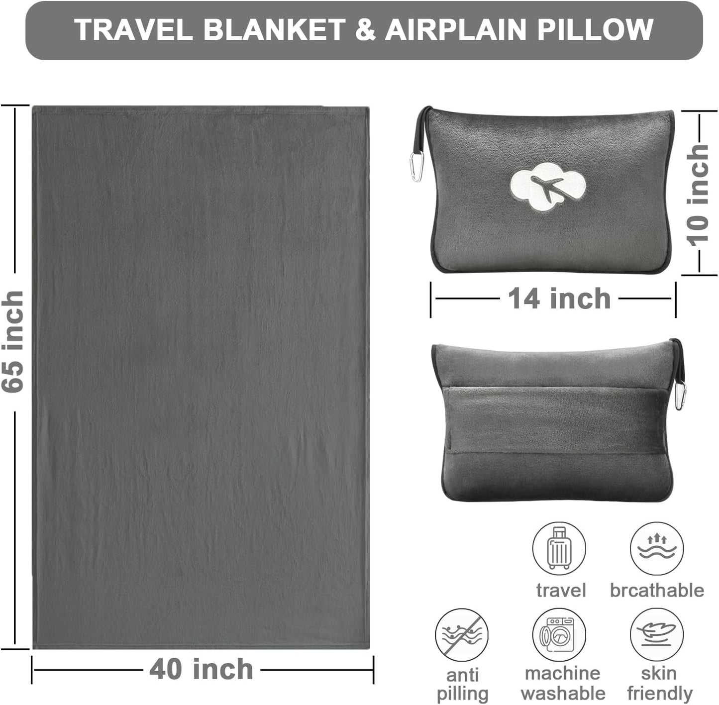 Travel Blanket and Pillow Compact, Premium Soft 2 in 1 Airplane Blanket with Soft Bag Pillowcase，Hand Luggage Sleeve and Backpack Clip (Checkered Black)