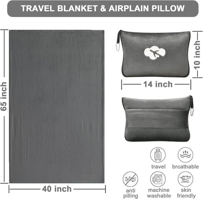 Travel Blanket and Pillow Compact, Premium Soft 2 in 1 Airplane Blanket with Soft Bag Pillowcase，Hand Luggage Sleeve and Backpack Clip (Checkered Black)