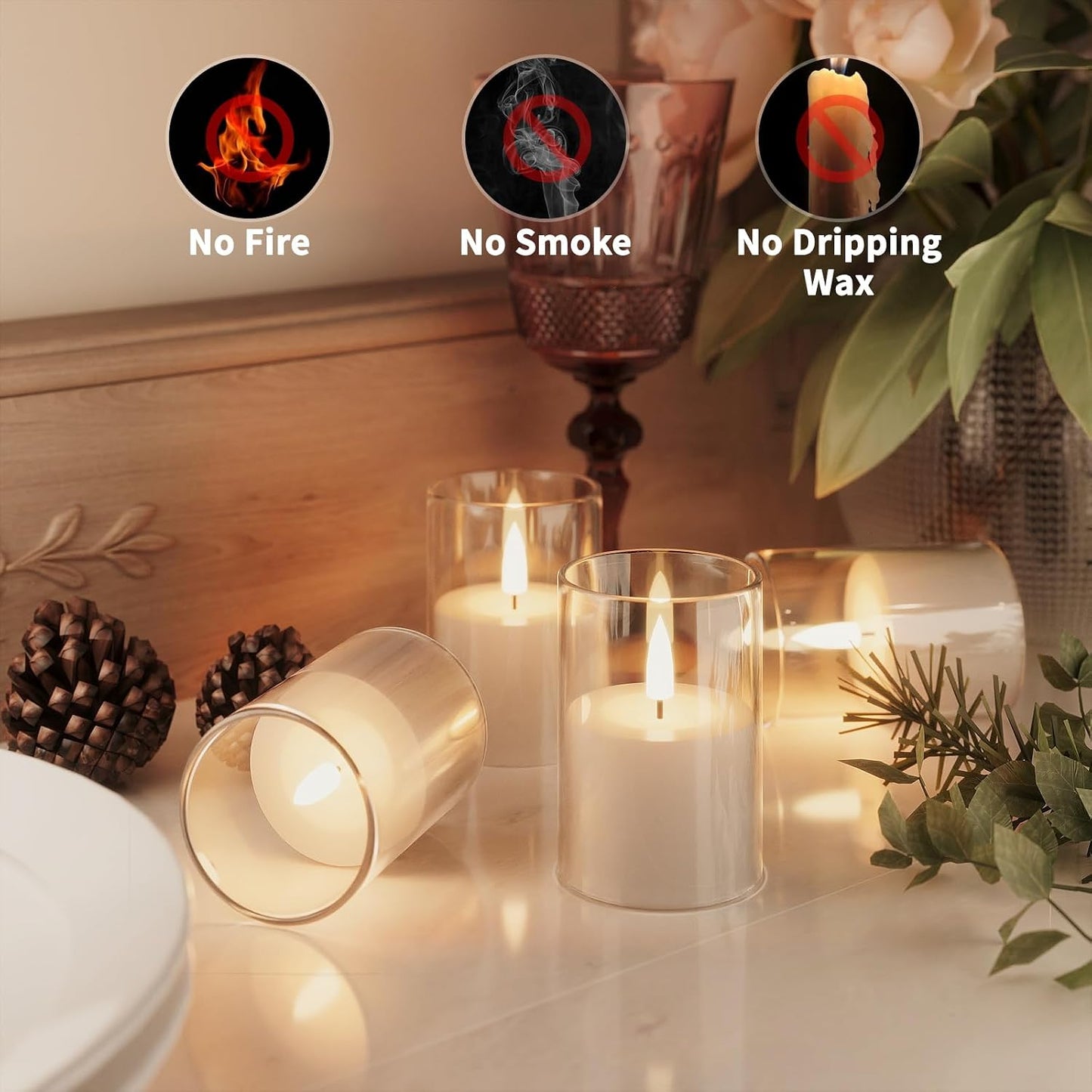 VIODAIM 12Pack Flickering Flameless LED Candles with Timer, Battery Powered - Small Pillar & Votive, Clear (2"X3")