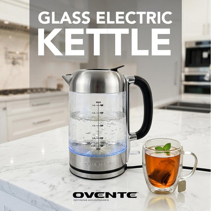 OVENTE 1.8L Glass Electric Kettle Water Boiler, Silver KG751S