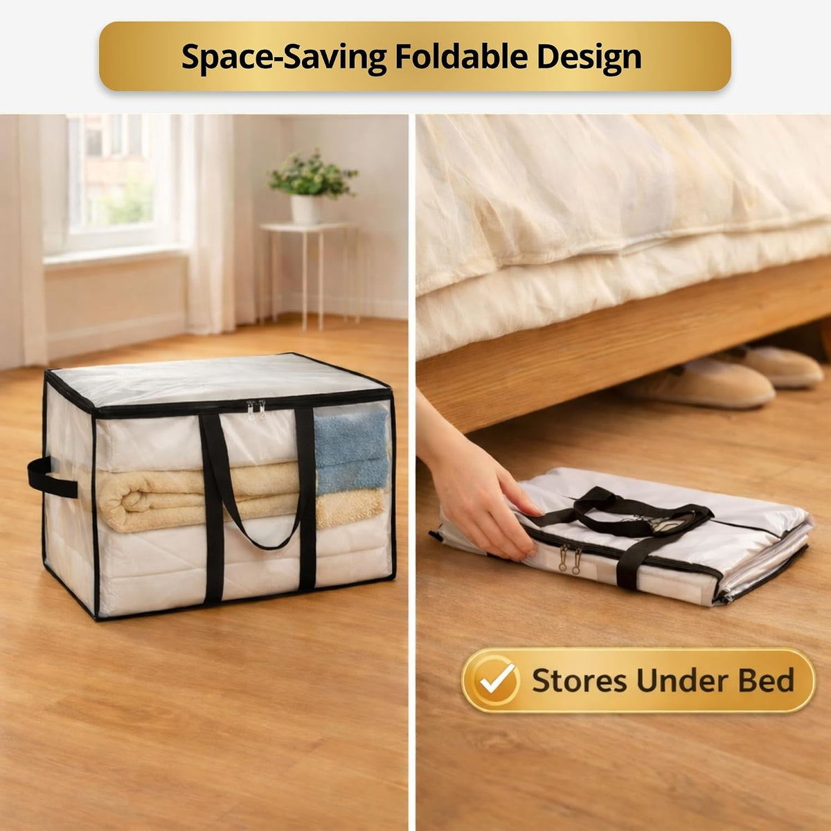 Comforter Storage Bags with Zipper and Handles (90L) - Extra Large Heavy Duty Moving Bags, Waterproof Blanket & Clothes Storage Bags, Foldable Under Bed Storage Totes for Bedding, Closet, College Dorm