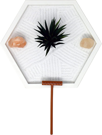 Nature's Mark Mini Zen Garden Kit for Desk with White Sand, Rake, White Base, Salt Rock and Air Plant (Round)