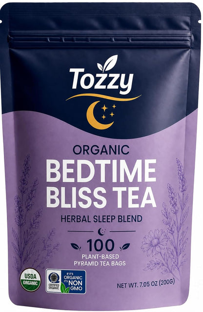 Tozzy Organic Bedtime Bliss Herbal Tea, Caffeine-Free Evening Blend, 100 Plant-Based Pyramid Tea Bags