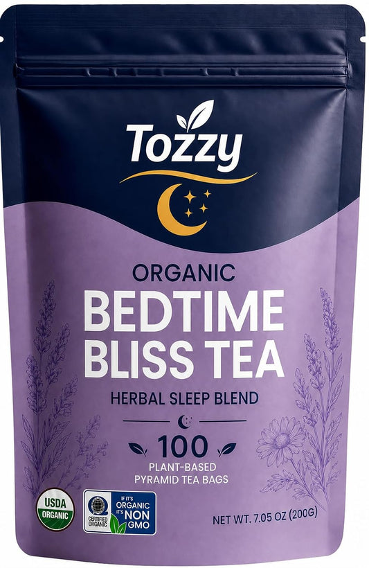 Tozzy Organic Bedtime Bliss Herbal Tea, Caffeine-Free Evening Blend, 100 Plant-Based Pyramid Tea Bags