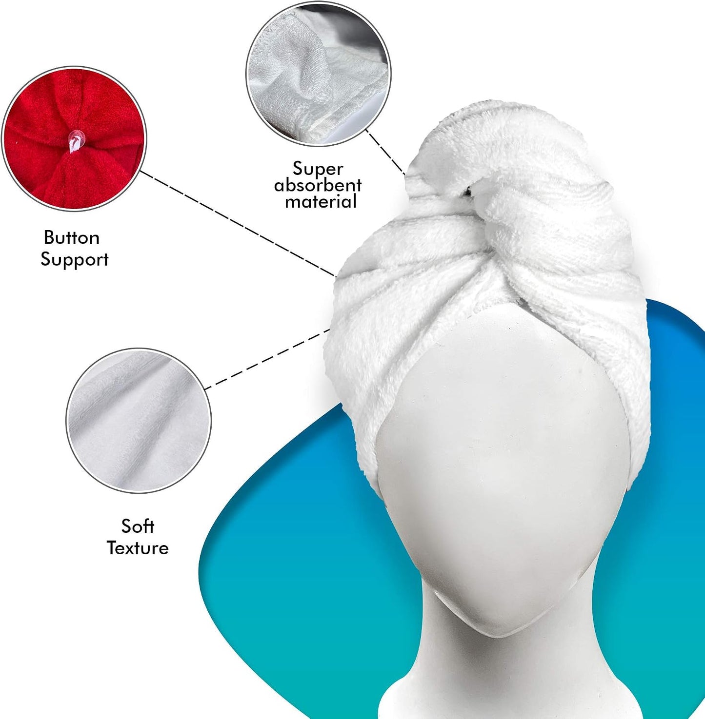 KEEPOZ 100% Cotton Hair Towel Wrap Quick Dry Super Absorbent Turban Head Wrap for Women with Button, Anti Frizz, Hair Cap for Curly, Long & Thick Hair (White, 1 Pc)