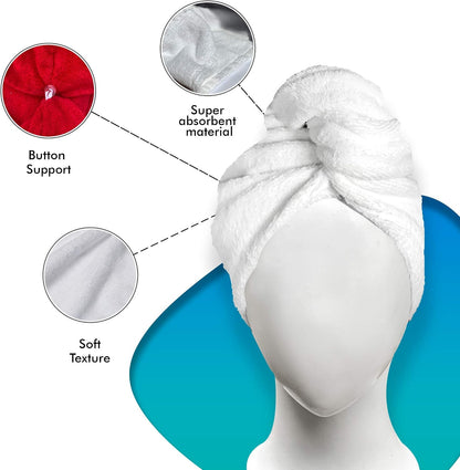 KEEPOZ 100% Cotton Hair Towel Wrap Quick Dry Super Absorbent Turban Head Wrap for Women with Button, Anti Frizz, Hair Cap for Curly, Long & Thick Hair (White, 1 Pc)