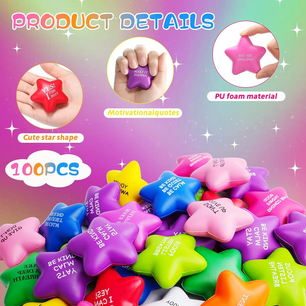 SHQDD 12PCS Bulk Star Stress Balls for Adults & Kids - Motivational Quotes Soft Foam Stress Relief Squeeze Toys, Fidget Anxiety & Anger Relief at Work/School/Home, Perfect Party Favors (Multi-Color)