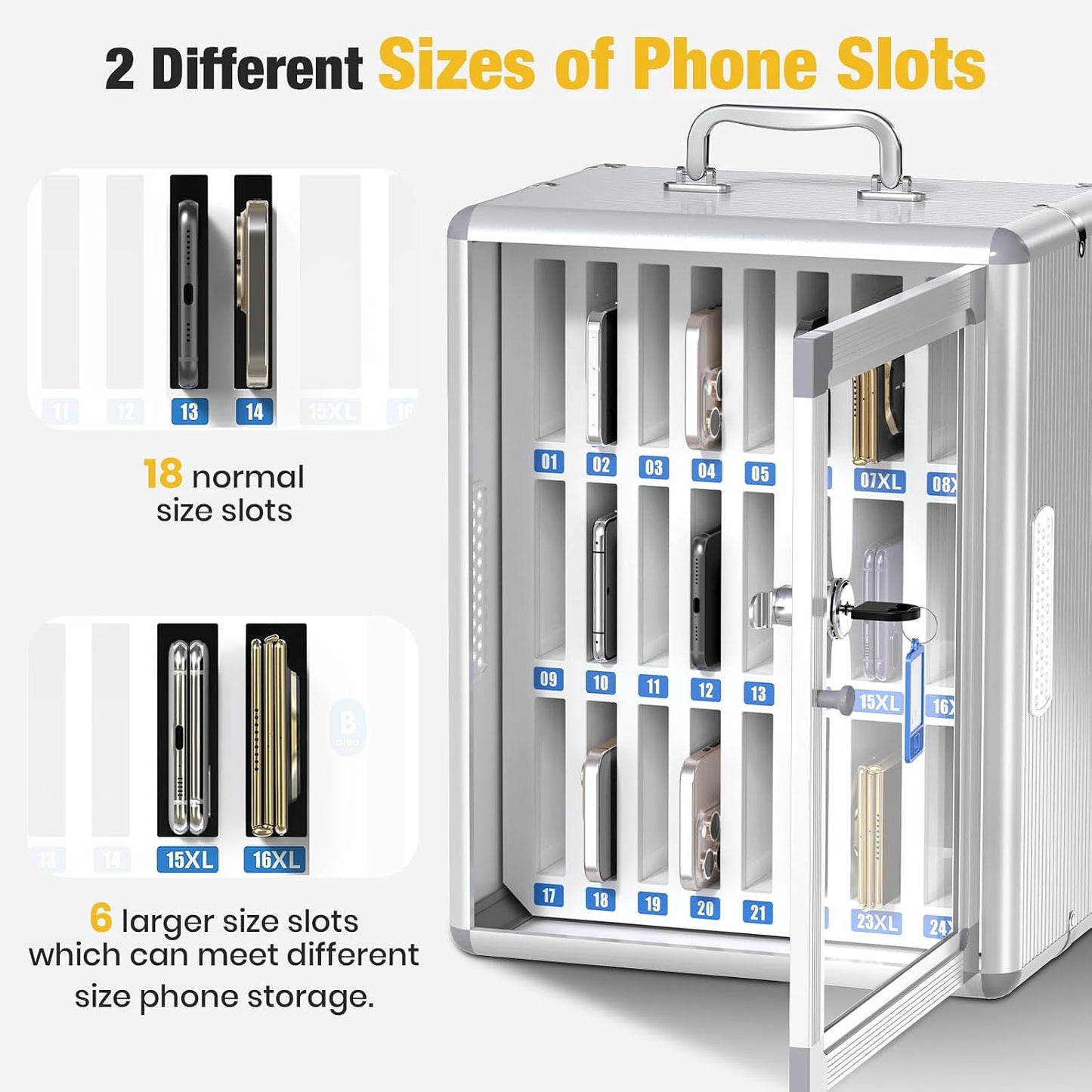 Glosen 24 Slots Cell Phone Locker, Portable Phone Storage Cabinet [Wall Mounted] [Aluminum Alloy] Cellphone Lock Box with Key & Handle for School Classroom Office Exam (Black)