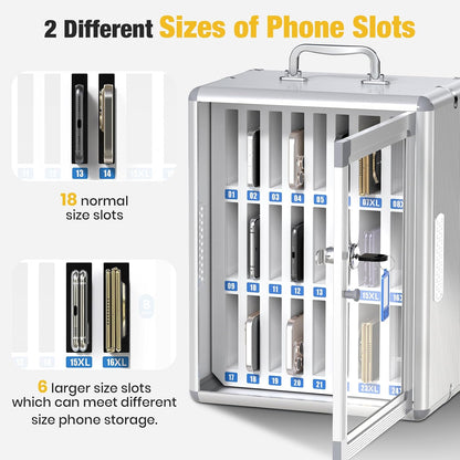 Glosen 24 Slots Cell Phone Locker, Portable Phone Storage Cabinet [Wall Mounted] [Aluminum Alloy] Cellphone Lock Box with Key & Handle for School Classroom Office Exam (Black)
