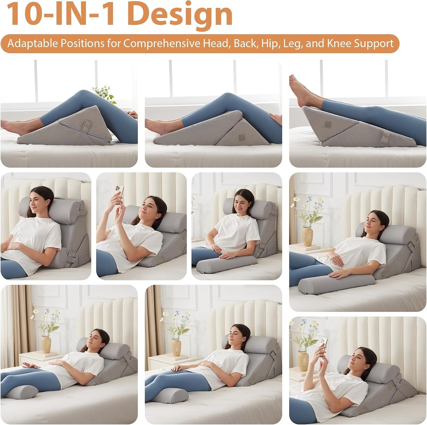 BIEEZZK Wedge Pillow Set for After Surgery, Wedge Pillow for Acid Reflux, Bed Wedge Pillow with Adjustable 9&12inch for Headboard,Sleeping, Orthopedic Memory Foam for Neck&Back Support, White/Grey