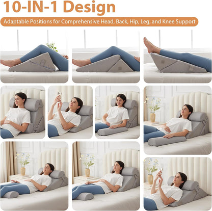 BIEEZZK Wedge Pillow Set for After Surgery, Wedge Pillow for Acid Reflux, Bed Wedge Pillow with Adjustable 9&12inch for Headboard,Sleeping, Orthopedic Memory Foam for Neck&Back Support, White/Grey
