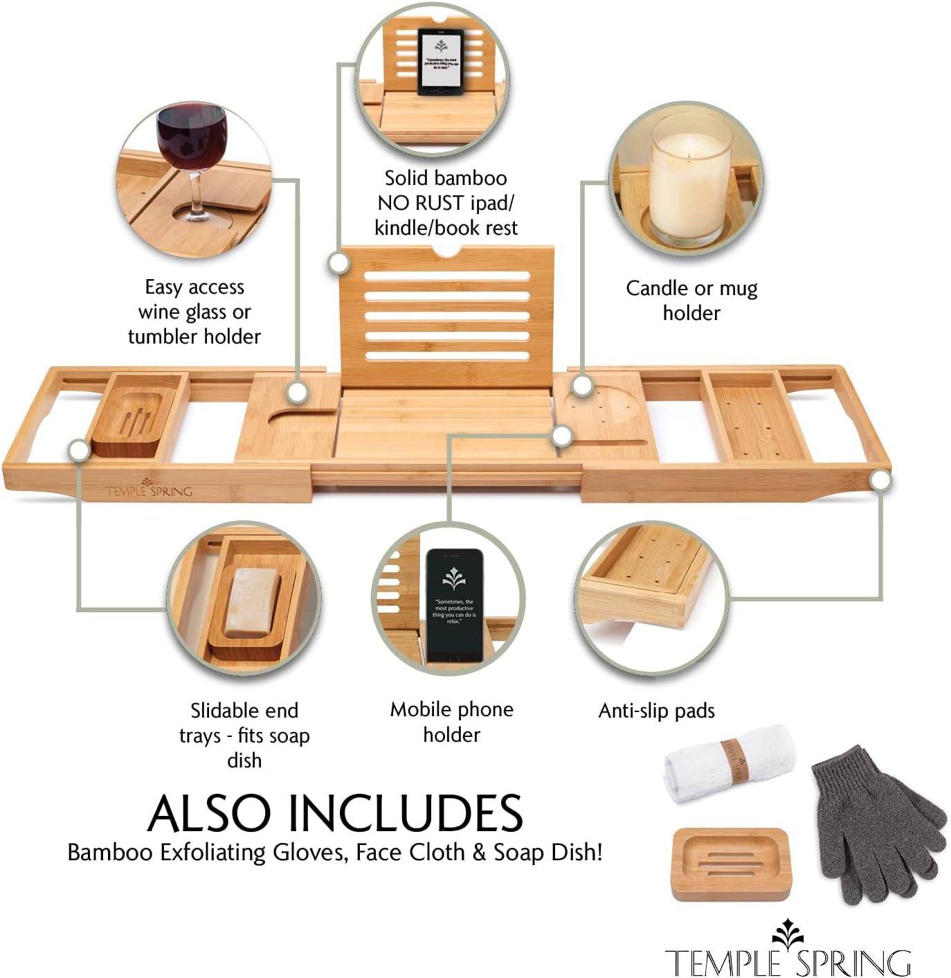 Temple Spring Bamboo Bathtub Tray Caddy for Tub — Expandable Wood Bath Tray with Solid Book Stand Wine Holder and Non-Slip Pads — Includes Bamboo Soap Dish and Spa Accessories — Luxury Bath Gift Set