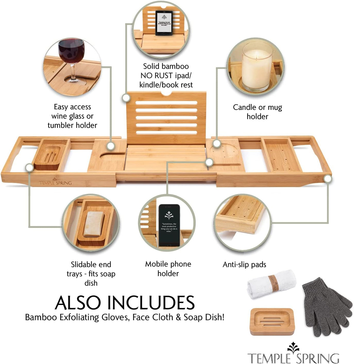 Temple Spring Bamboo Bathtub Tray Caddy for Tub — Expandable Wood Bath Tray with Solid Book Stand Wine Holder and Non-Slip Pads — Includes Bamboo Soap Dish and Spa Accessories — Luxury Bath Gift Set