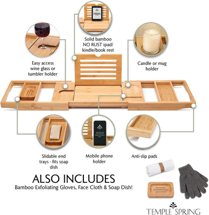 Temple Spring Bamboo Bathtub Tray Caddy for Tub — Expandable Wood Bath Tray with Solid Book Stand Wine Holder and Non-Slip Pads — Includes Bamboo Soap Dish and Spa Accessories — Luxury Bath Gift Set