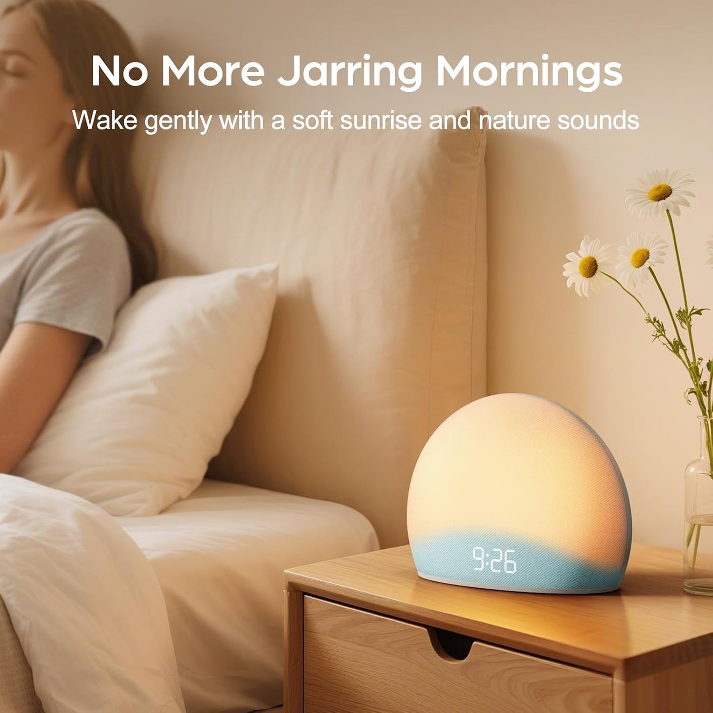 HOUSBAY Sunrise Alarm Clock with White Noise Sound Machine – Wake-Up Light for Bedroom, 5 Gentle Alarm Sounds, 20 Soothing Sleep Sounds, Dimmable Display, Phone-Free Bedside Clock