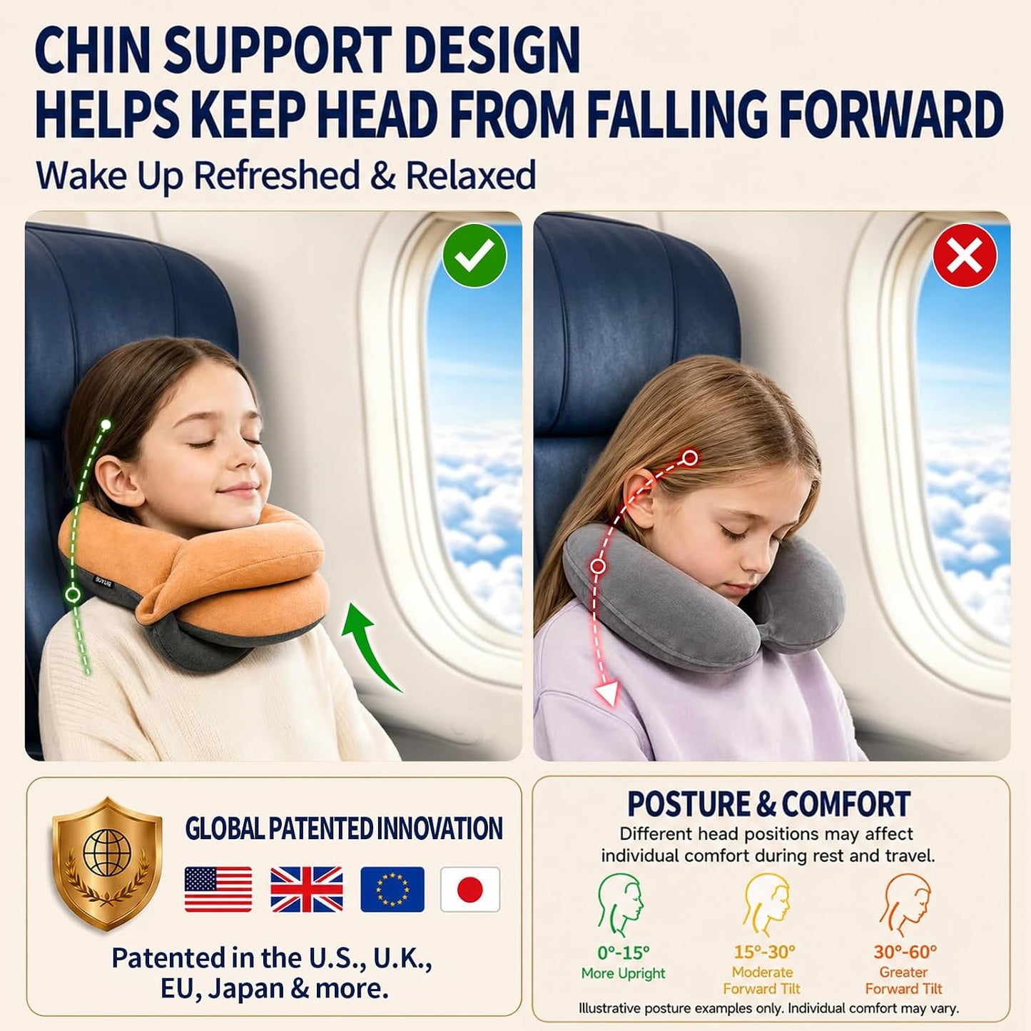 BUYUE Travel Neck Pillows for Airplanes, Memory Foam 360° Head Support Sleep for Long Flight, Skin-Friendly & Breathable, Kit with Eye Mask, Earplugs and Storage Bag (Adult, Grey, 90+ lbs)