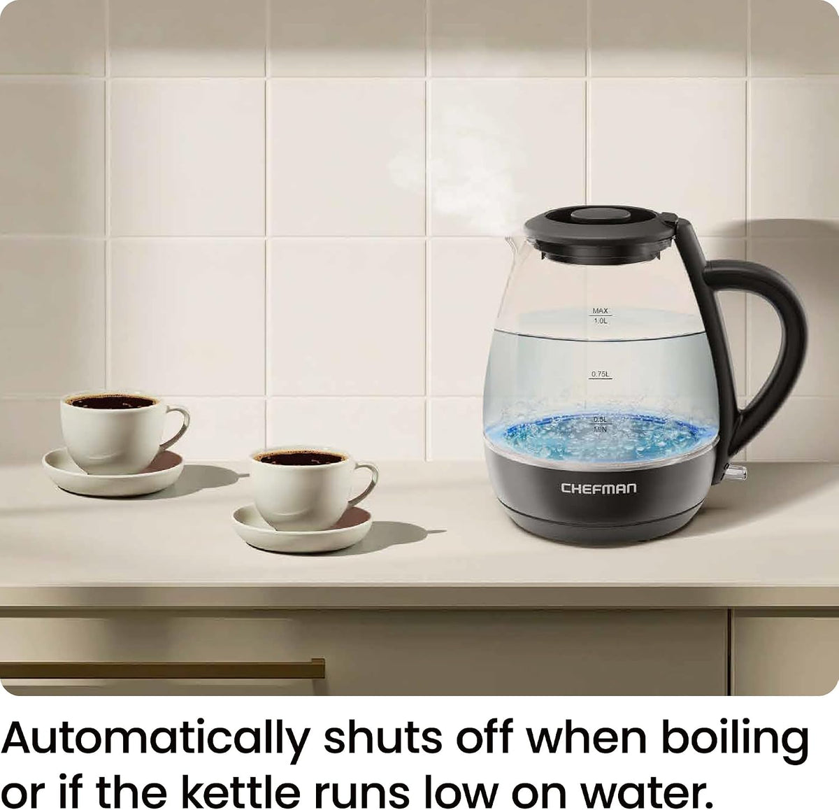 Chefman Electric Kettle with Tea Infuser, Compact 1L (4 Cups), 1500W, Removable Lid for Easy Cleaning, Boil-Dry Protection, Stainless Steel Filter, BPA Free, Auto Shut Off, Small Electric Tea Kettle