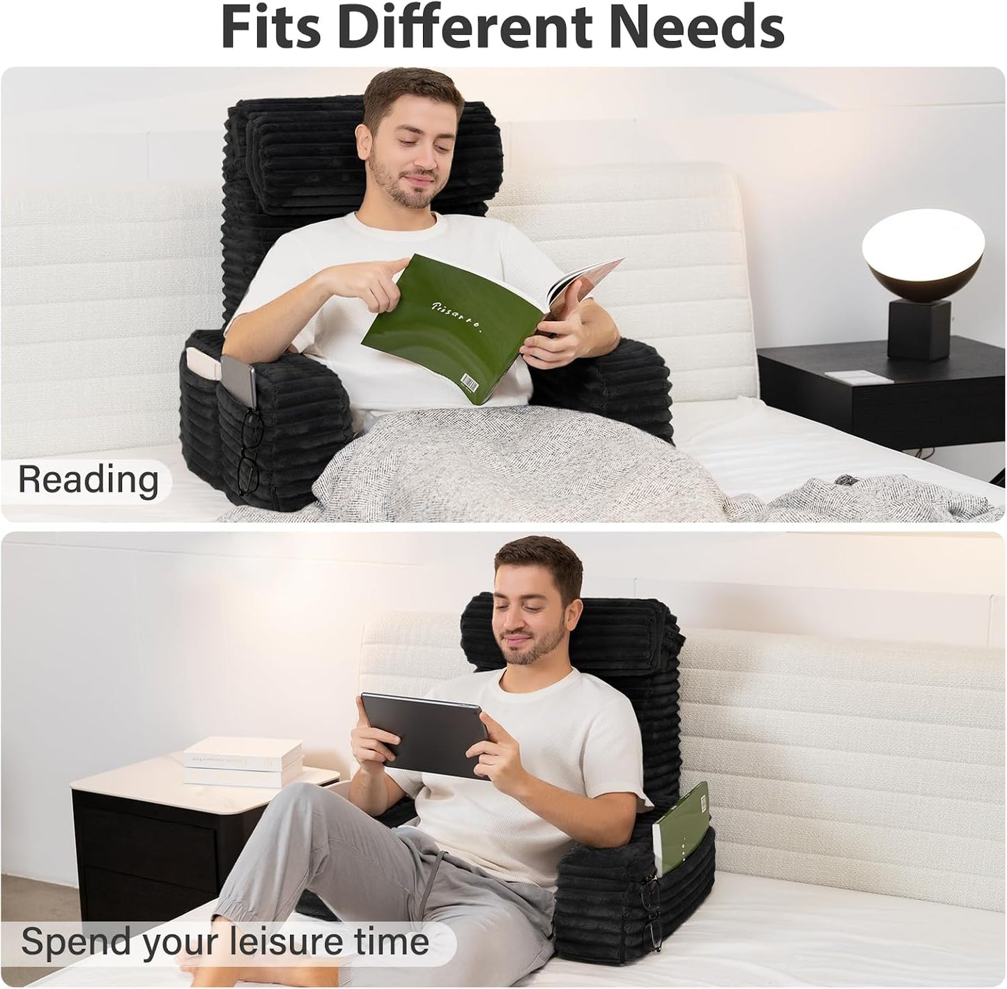 ENITYA 22" XL Back Pillow for Bed Sitting Up, Reading Pillow with Armrests & Big Pockets, Soft Back Support Chair, Ideal for Watching TV, Gaming, Nursing, Resting, Post Surgery, Dark Grey