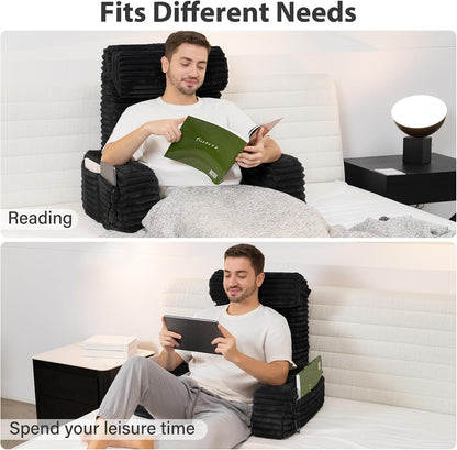 ENITYA 22" XL Back Pillow for Bed Sitting Up, Reading Pillow with Armrests & Big Pockets, Soft Back Support Chair, Ideal for Watching TV, Gaming, Nursing, Resting, Post Surgery, Dark Grey