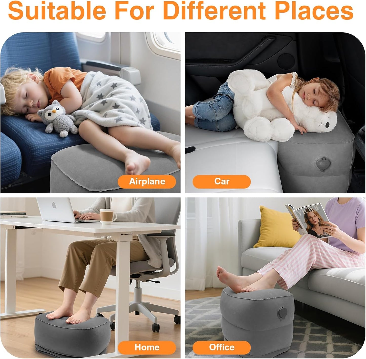 Maliton Inflatable Foot Rest Pillow for Travel,Kids Airplane Bed,Adjustable 3 Layers Height Leg Pillow of Air Travel Essentials,Car, Office, Home - Fast Inflation (Grey)