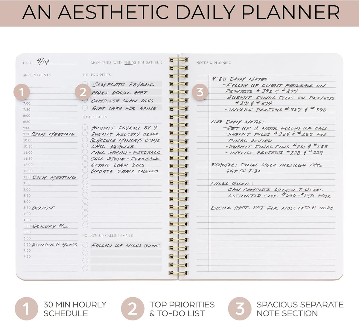 Beautiful Daily Planner And Notebook With Hourly Schedule - Spiral Notebook