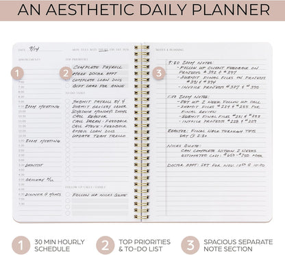 Beautiful Daily Planner And Notebook With Hourly Schedule - Spiral Notebook