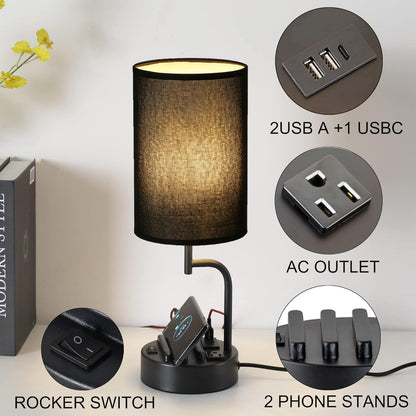 Dreamholder Table Lamp with 3 USB Charging Ports, Modern Desk Lamp with AC Outlet and Phone Stands, Perfect Bedside Lamp for Bedroom, Living Room, Office (Pack of 2), Cream
