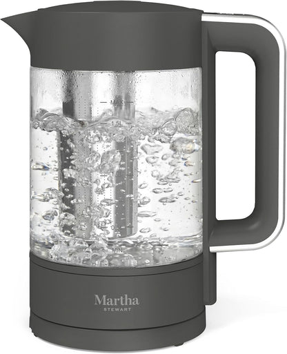 Martha Stewart Electric Kettle with Removable Stainless Steel Tea Infuser, Glass Carafe 1.7L (7 Cups), Hot Water Boiler, 4 Presets, Keep Warm & Auto Shut-Off, Cordless 360° Swivel Base, Honeydew Green