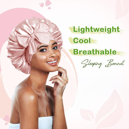 BONNET QUEEN Silk Bonnet for Sleeping for Women Satin Bonnet Night Cap for Curly Hair with Tie Band, Single Layer, Cream Pink