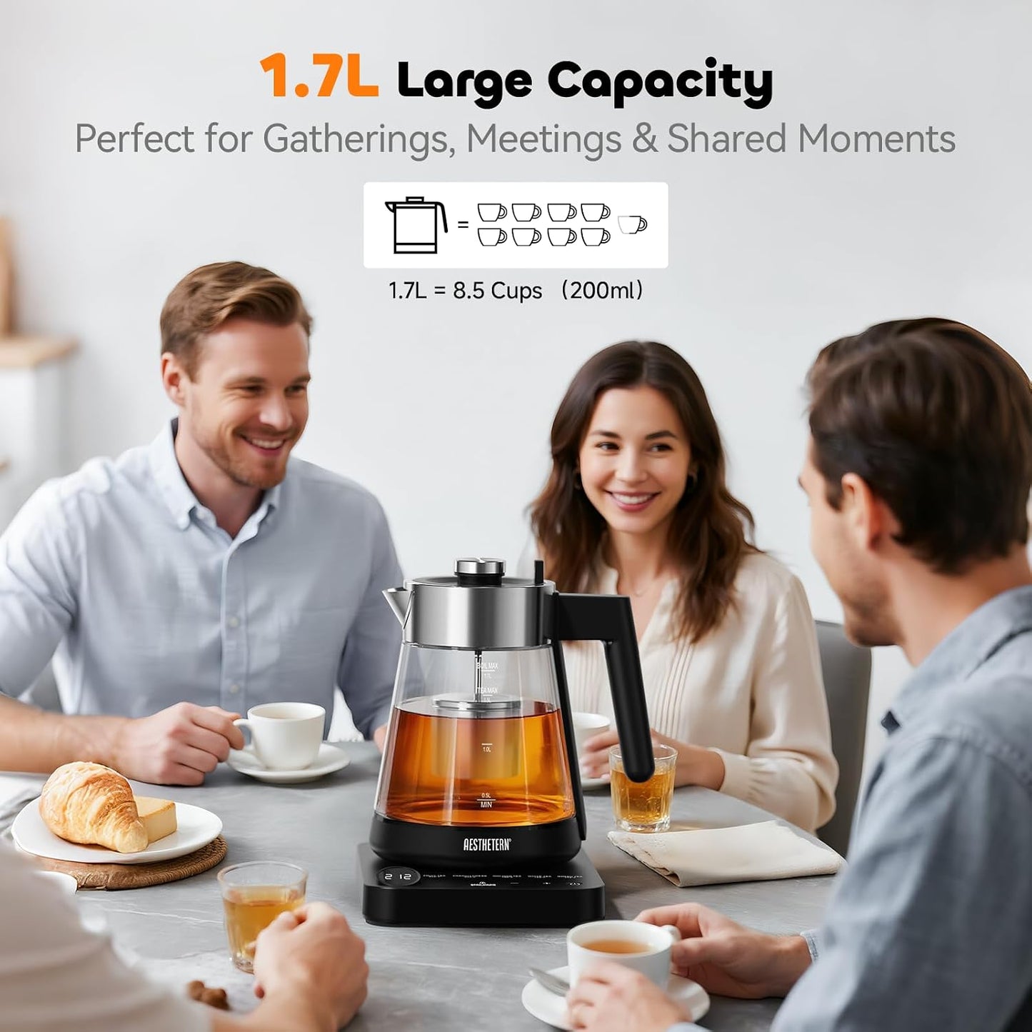 Electric Tea Kettle with Infuser 1.7L Glass Electric Kettle with Temperature Control 175°F Min Temp Automatic Shut Off 12H Keep Warm for Tea Coffee Water Heater, Black
