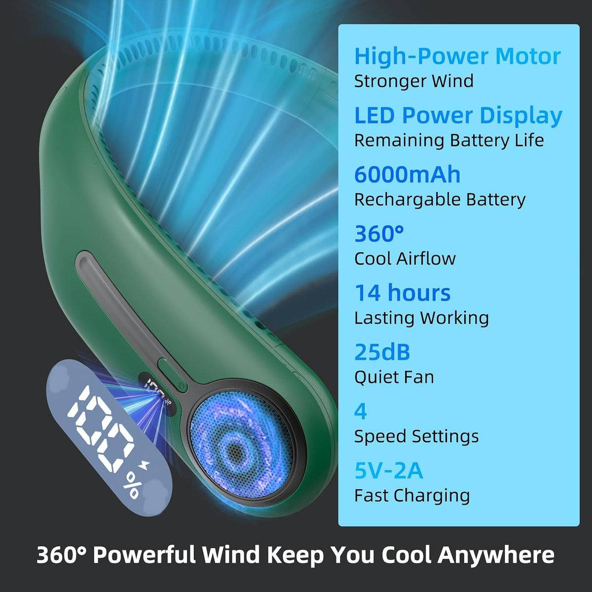 Portable Neck Fan, Personal Wearable Bladeless Fan, 6000mAh USB Rechargeable, 360° Airflow, LED Display, 4-Speeds, Hands Free Fan for Outdoor Indoor, Birthday Gifts for Men Women Dad Mom (Black)