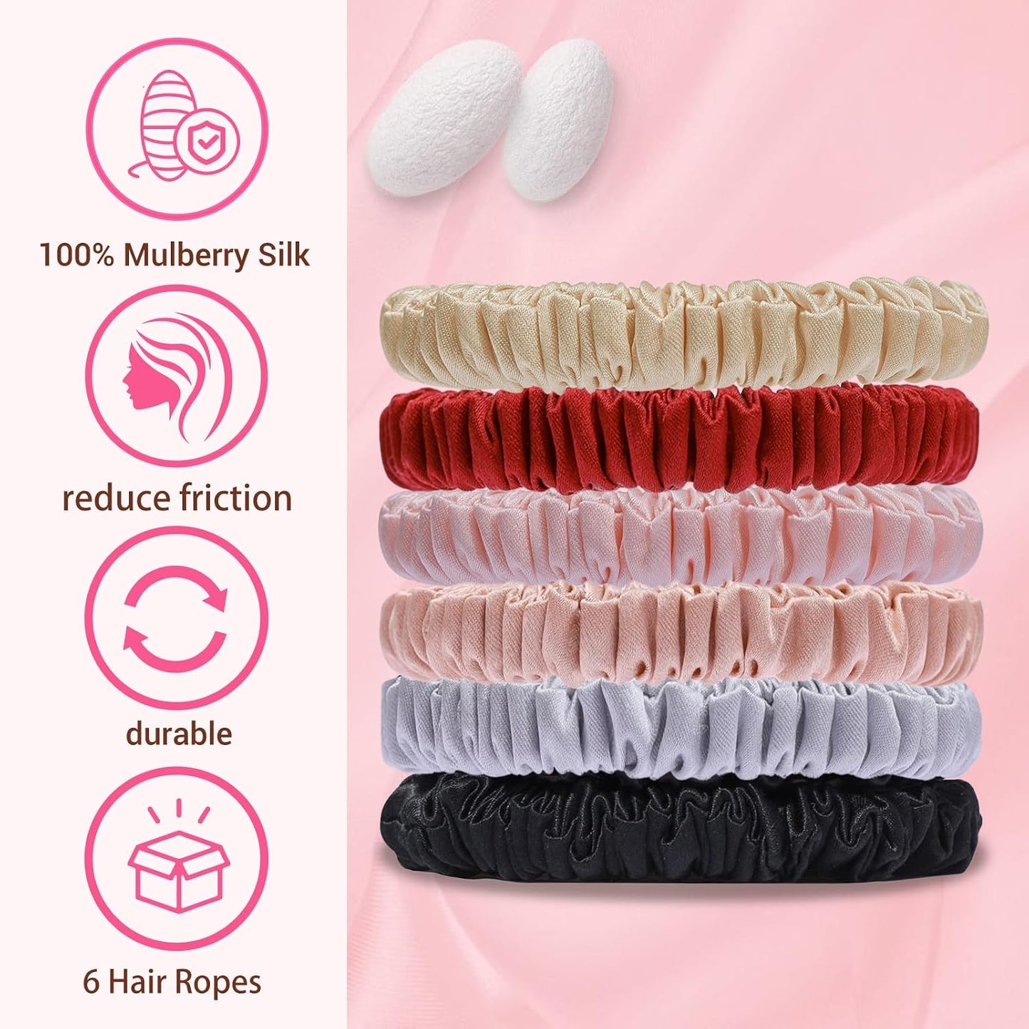 22 Momme 6PCS 100% Mulberry Silk Hair Ties Small Silk Scrunchies for Women Girls Curly Thick Thin Hair .Women's Black Cute Satin Sleepy Bulk Hair Tie Scrunchie Sleep