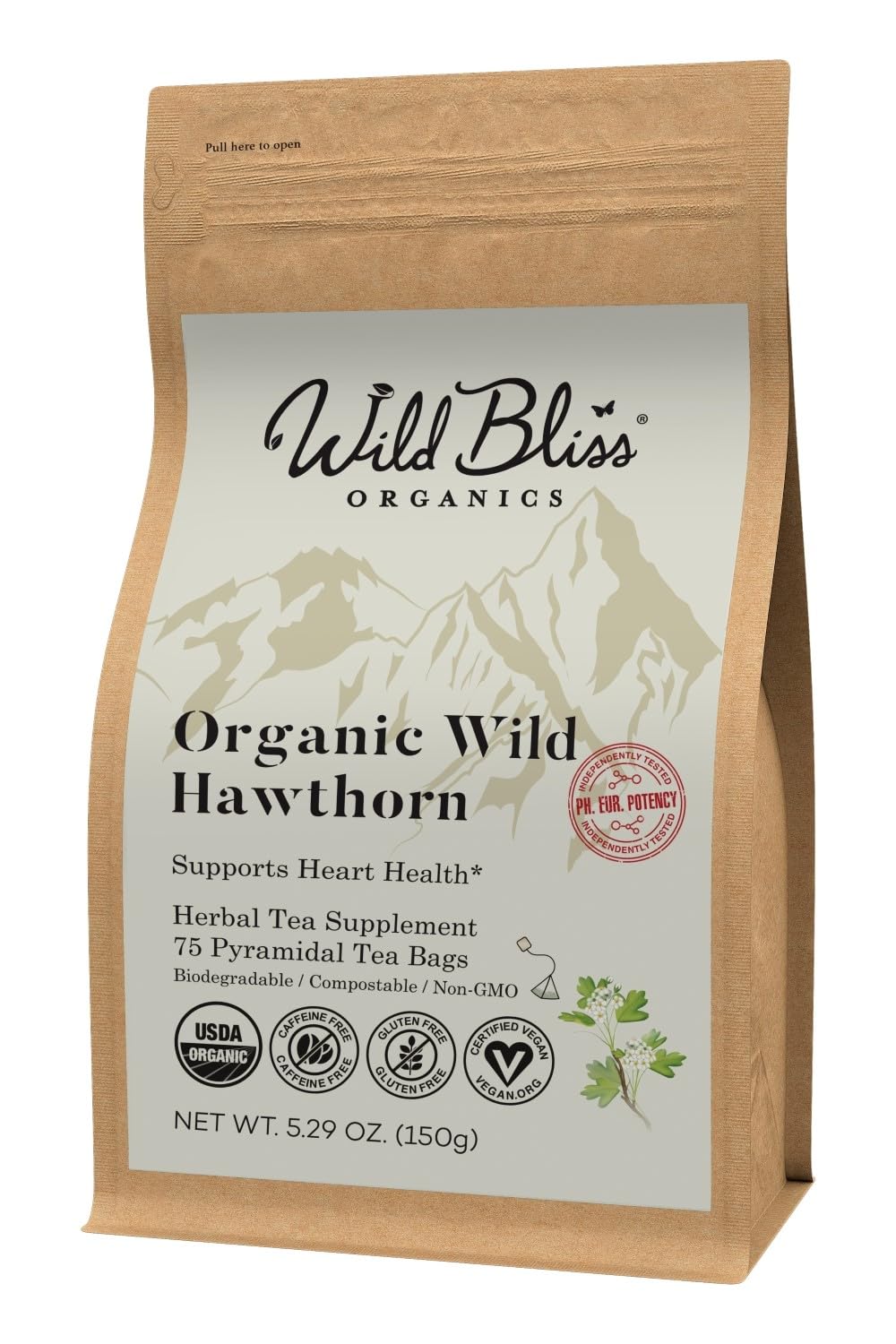 Wild Bliss Organic Hawthorn Leaf and Flower Tea, 75 Tea Bags