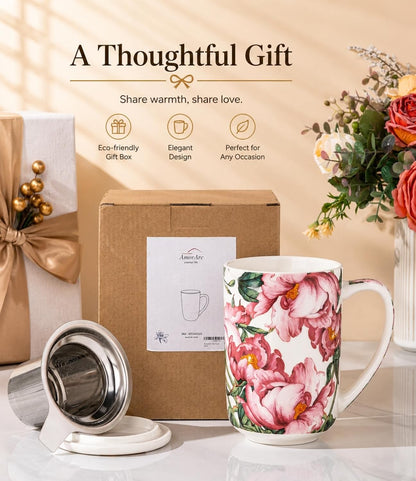 AmorArc Porcelain Tea Mug with Infuser and Lids, 18 Oz Large Cup Strainer with Bag Holder for Loose Leaf Tea, Steeping Coffee Mug for House-warming Wedding Birthday Gift