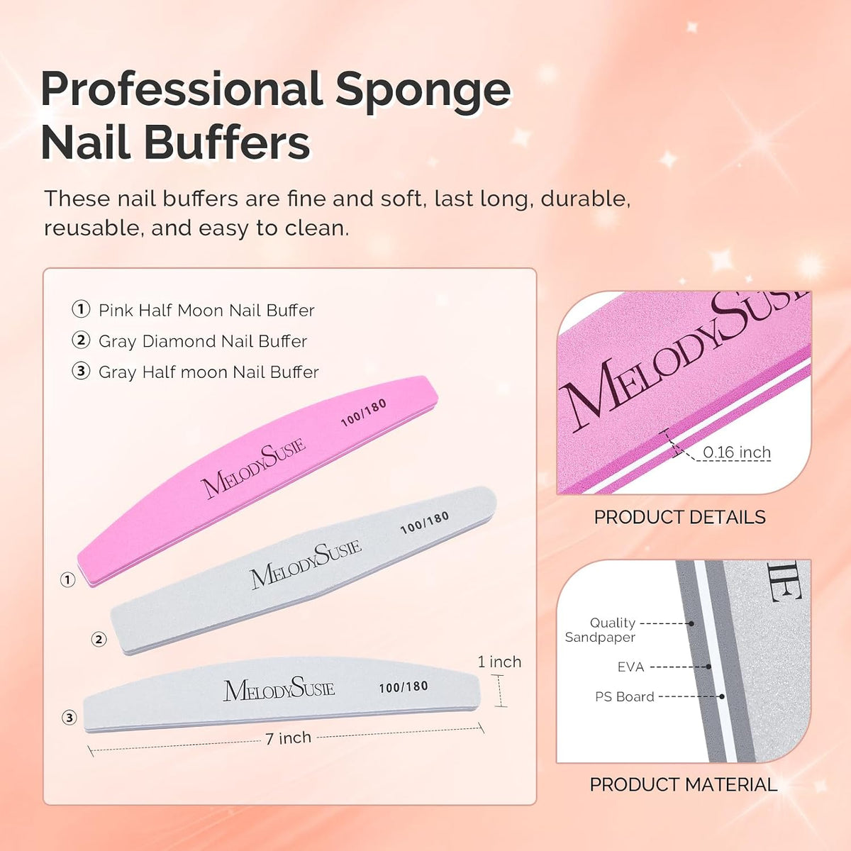 MelodySusie 16Pcs Professional Nail Buffer Kit,Nail Files and Buffers,Nail Buffer Block,Nail Brush, Nail File Buffers Kit for Natural Nails,DIY,Home Use,Salon（100/180 Grit）