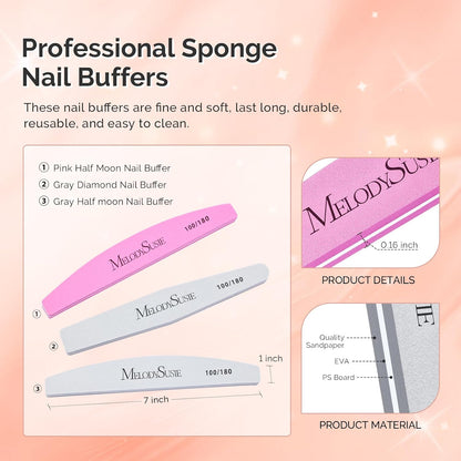 MelodySusie 16Pcs Professional Nail Buffer Kit,Nail Files and Buffers,Nail Buffer Block,Nail Brush, Nail File Buffers Kit for Natural Nails,DIY,Home Use,Salon（100/180 Grit）
