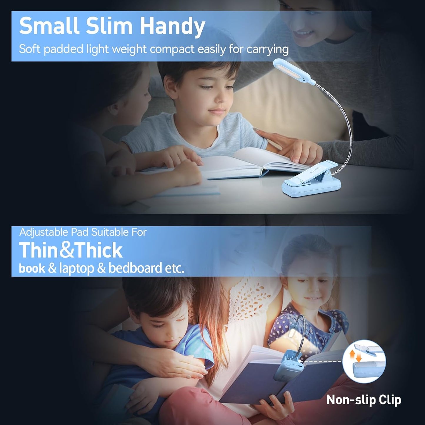 VAVOFO Clip On Book Light for Bed Kids, 7 LED Reading Light with 9-Level Warm Cool White Daylight, Eye Care Lamp with Power Indicator for Bookworms (Blue)