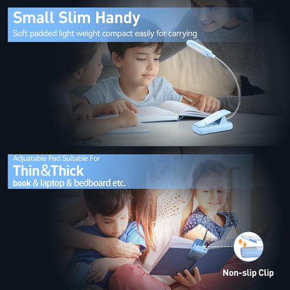 VAVOFO Clip On Book Light for Bed Kids, 7 LED Reading Light with 9-Level Warm Cool White Daylight, Eye Care Lamp with Power Indicator for Bookworms (Blue)