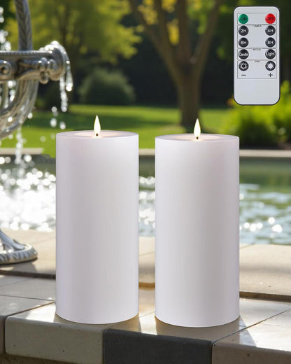 Gmnee 3"x4" Outdoor Waterproof Flameless Candles with Remote and Timers, LED Candles, Battery Operated Candles, Electric Fake Pillar Candles for Patio, Porch, and Lanterns Decor (Ivory, Plastic)